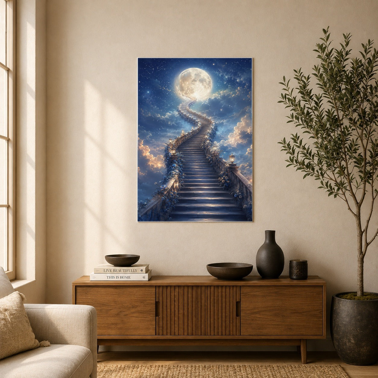 #pl[8x10 Inch|Multicolor] Moon Stairway Poster, Celestial Dreamscape Wall Art Print