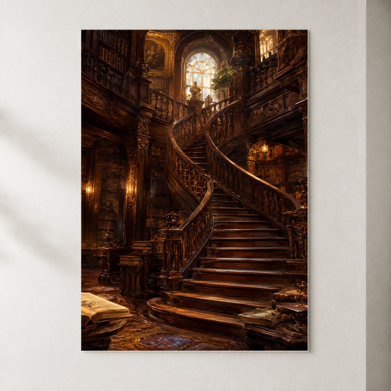 Grand Library Staircase Poster, Dark Academia Library Wall Art Print