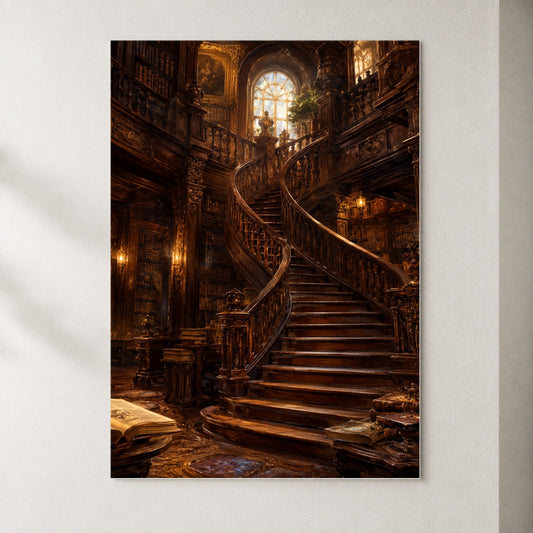 Grand Library Staircase Poster, Dark Academia Library Wall Art Print