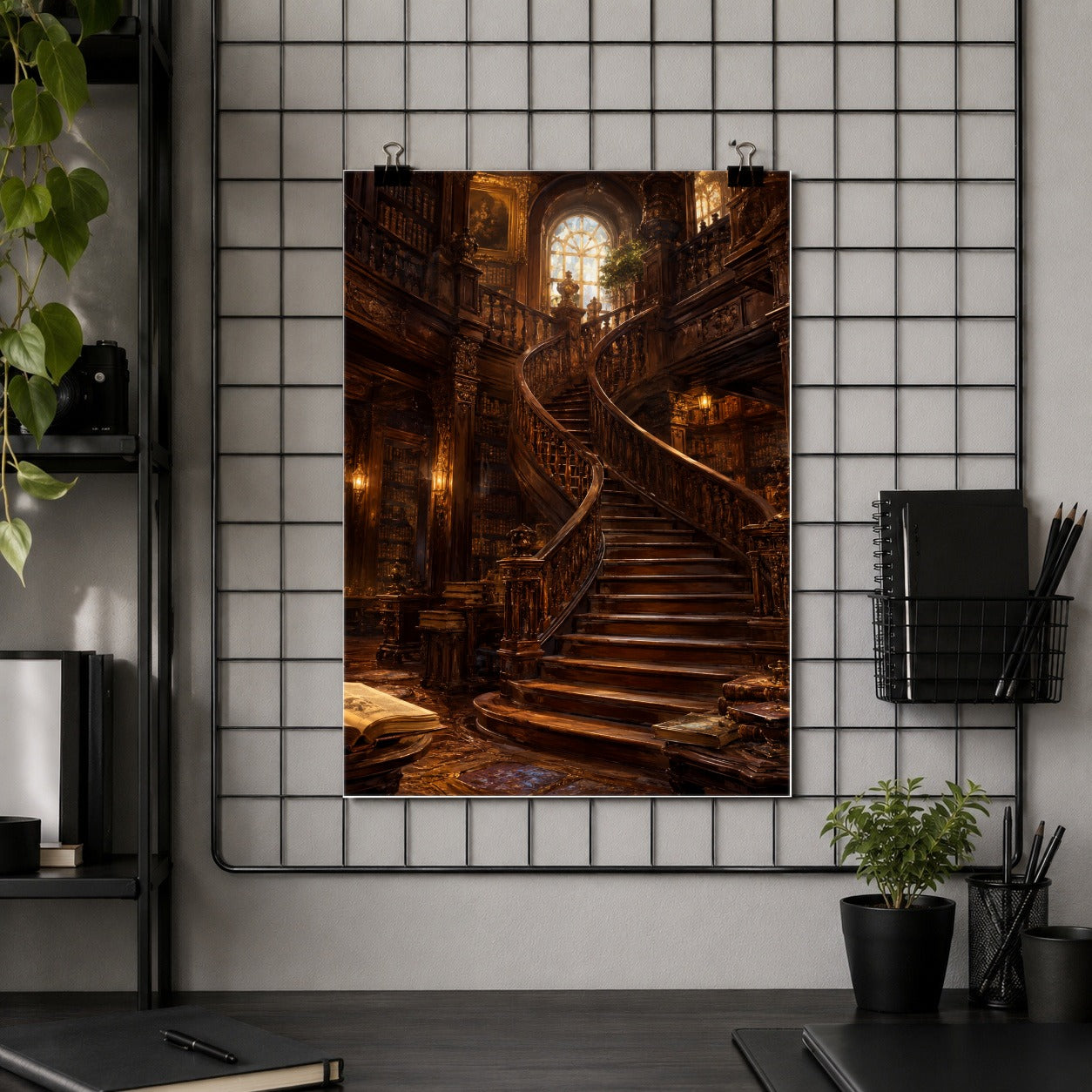 #pl[8x10 Inch|Multicolor] Grand Library Staircase Poster, Dark Academia Library Wall Art Print