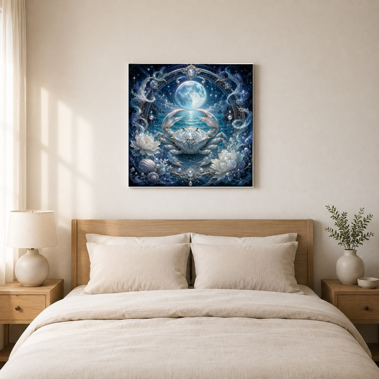 #pl[17x17 Inch|Multicolor] Cancer Crab Square Canvas Wall Art, Moonlit Zodiac Celestial Decor