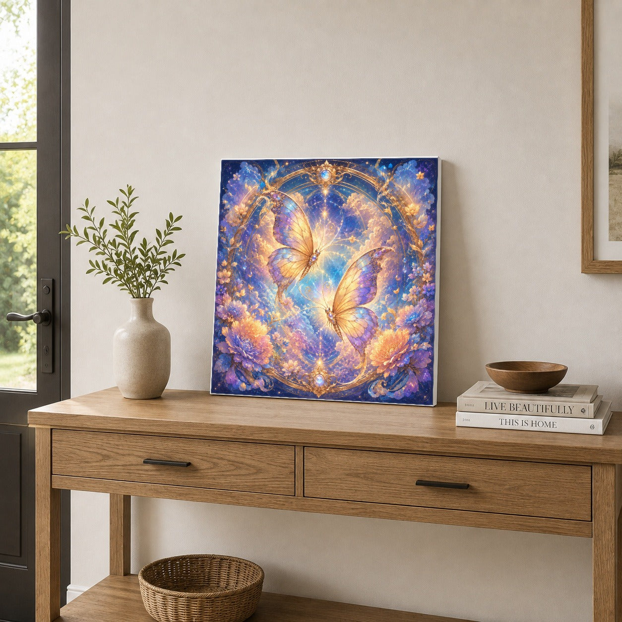 #pl[17x17 Inch|Multicolor] Celestial Butterflies Square Canvas Wall Art, Dreamy Butterfly Decor