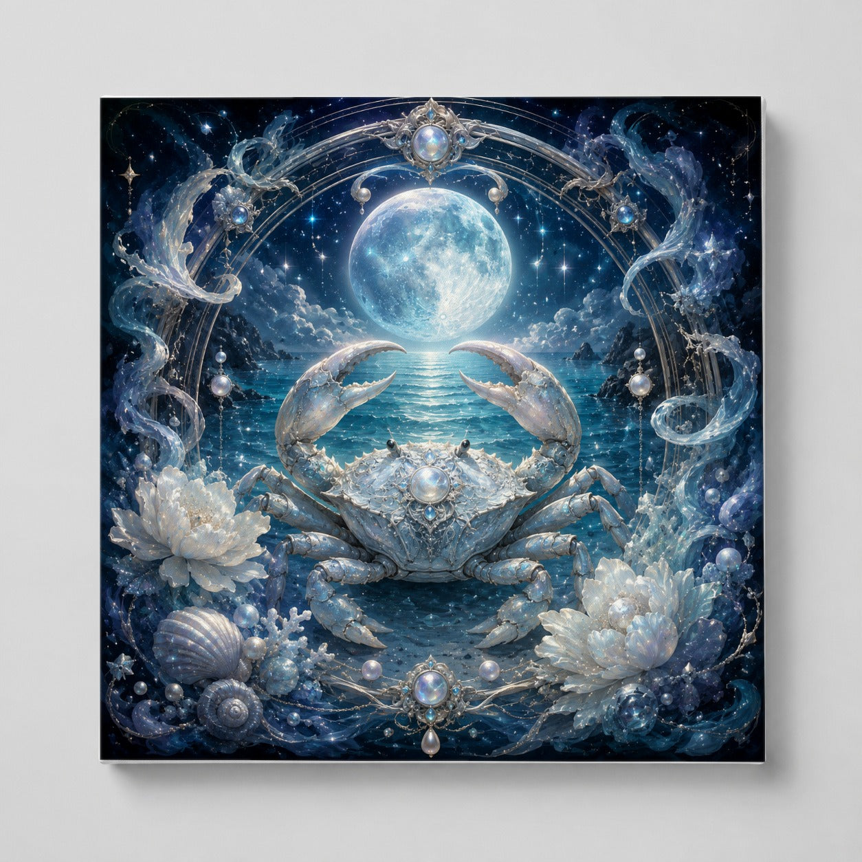 Cancer Crab Square Canvas Wall Art, Moonlit Zodiac Celestial Decor