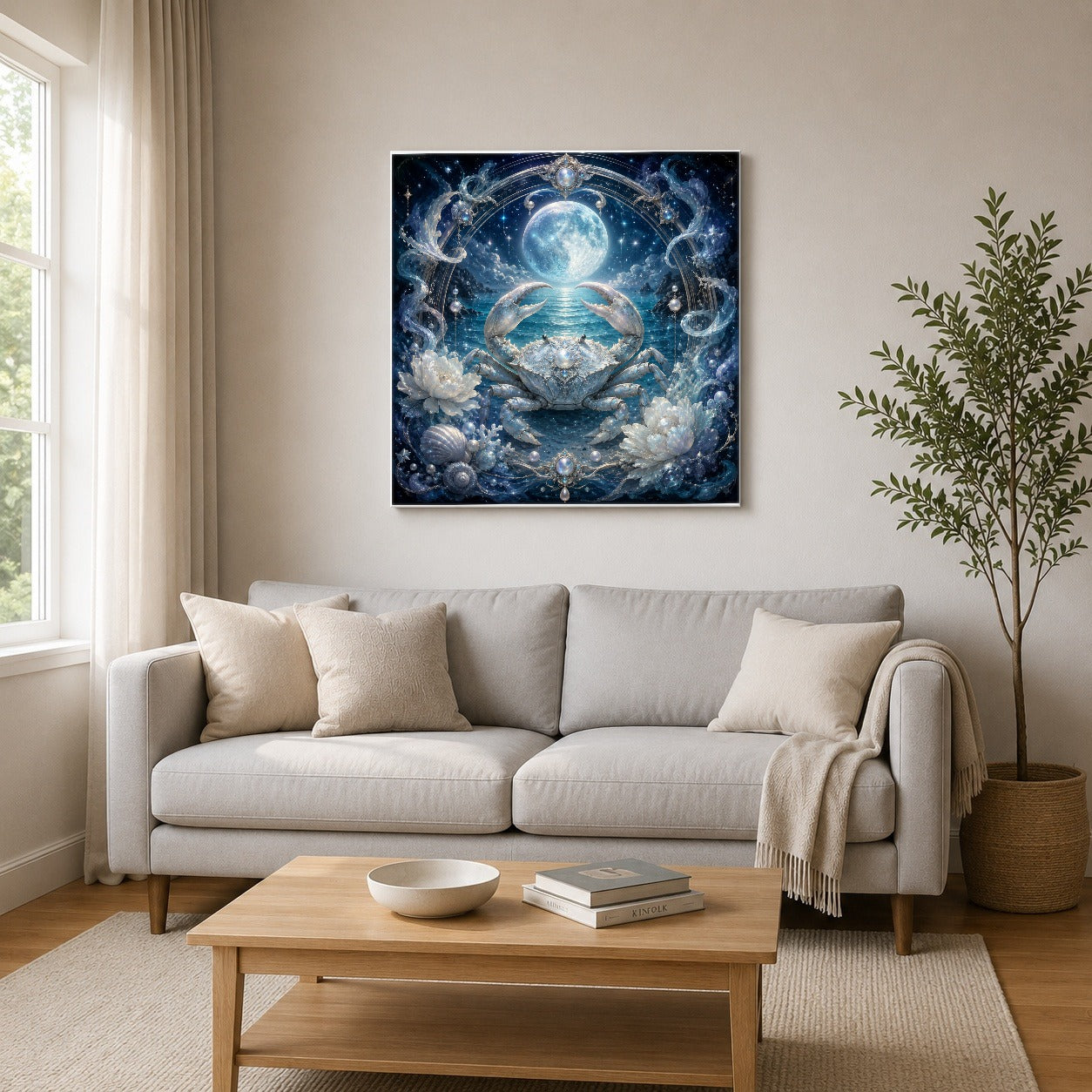 #pl[17x17 Inch|Multicolor] Cancer Crab Square Canvas Wall Art, Moonlit Zodiac Celestial Decor
