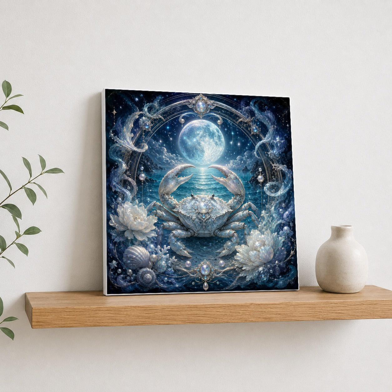 #pl[17x17 Inch|Multicolor] Cancer Crab Square Canvas Wall Art, Moonlit Zodiac Celestial Decor