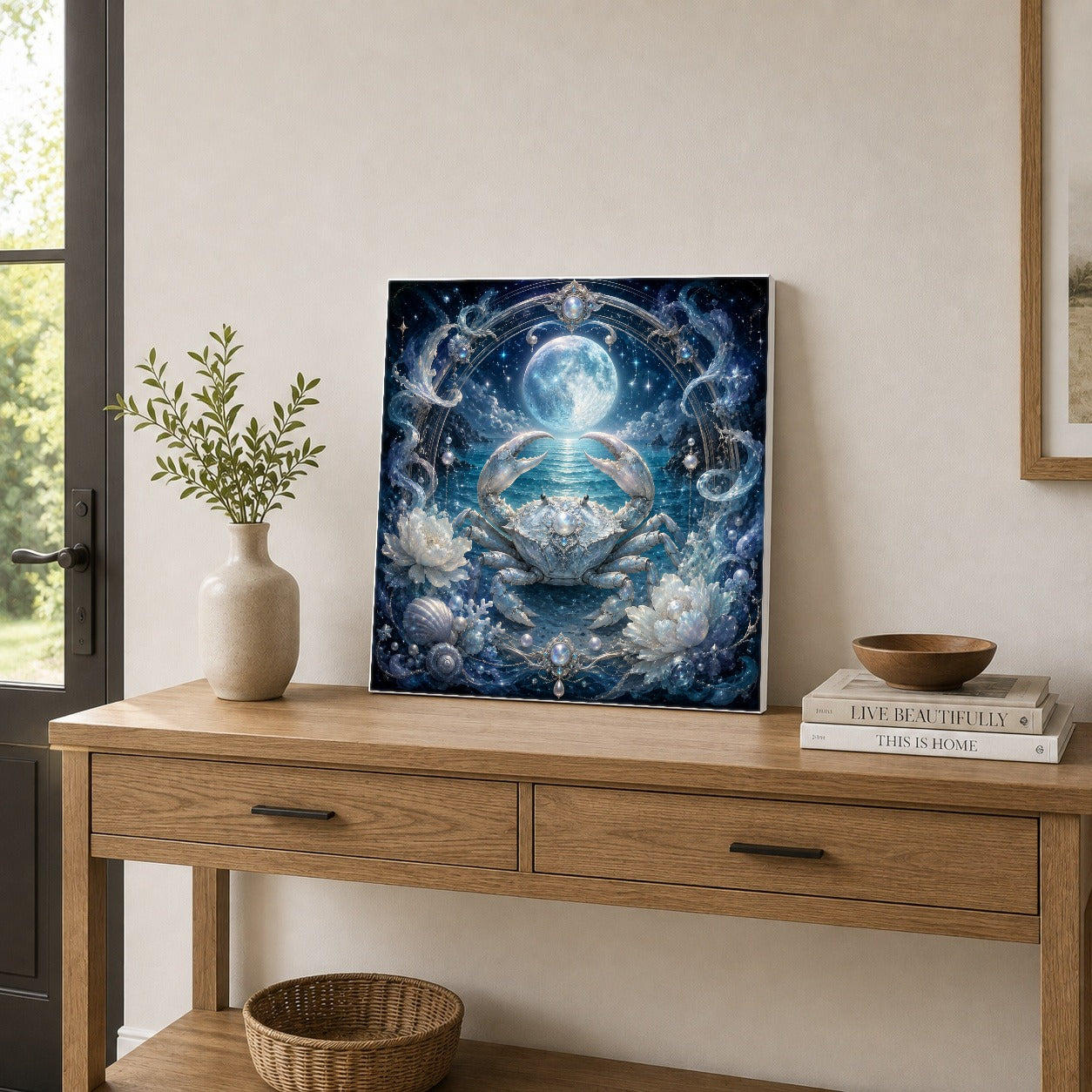 #pl[17x17 Inch|Multicolor] Cancer Crab Square Canvas Wall Art, Moonlit Zodiac Celestial Decor