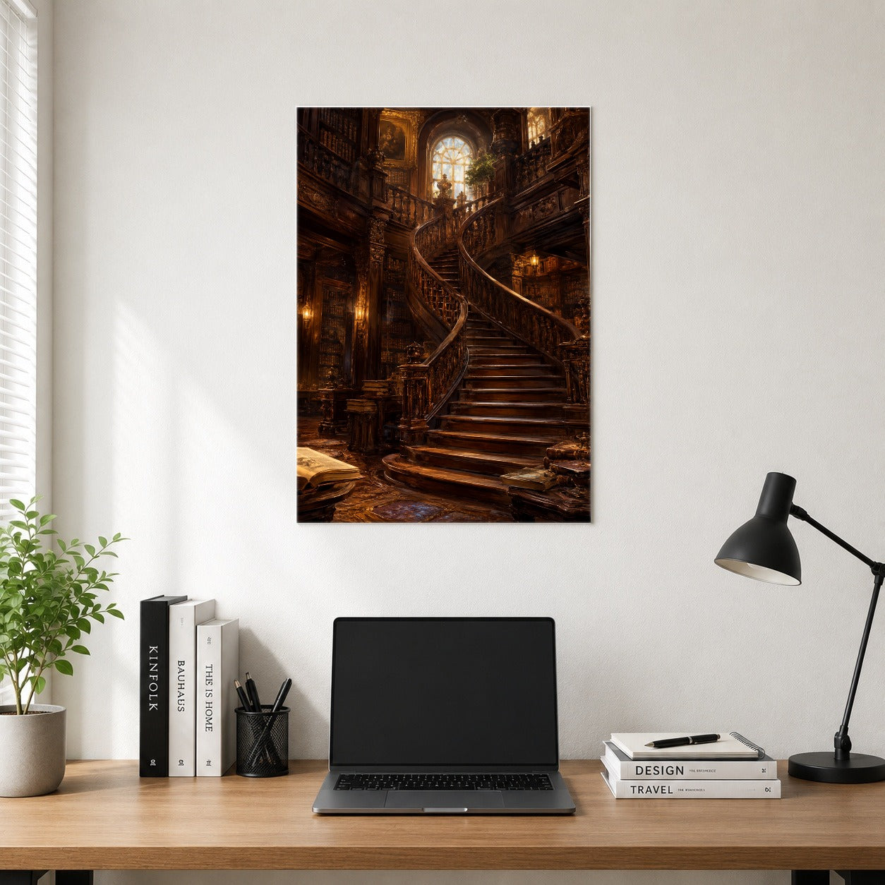 #pl[8x10 Inch|Multicolor] Grand Library Staircase Poster, Dark Academia Library Wall Art Print