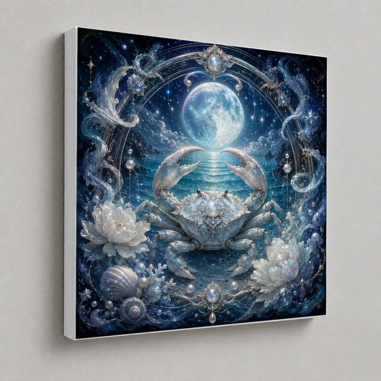 #pl[17x17 Inch|Multicolor] Cancer Crab Square Canvas Wall Art, Moonlit Zodiac Celestial Decor