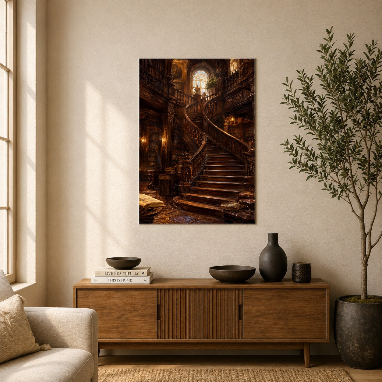 #pl[8x10 Inch|Multicolor] Grand Library Staircase Poster, Dark Academia Library Wall Art Print