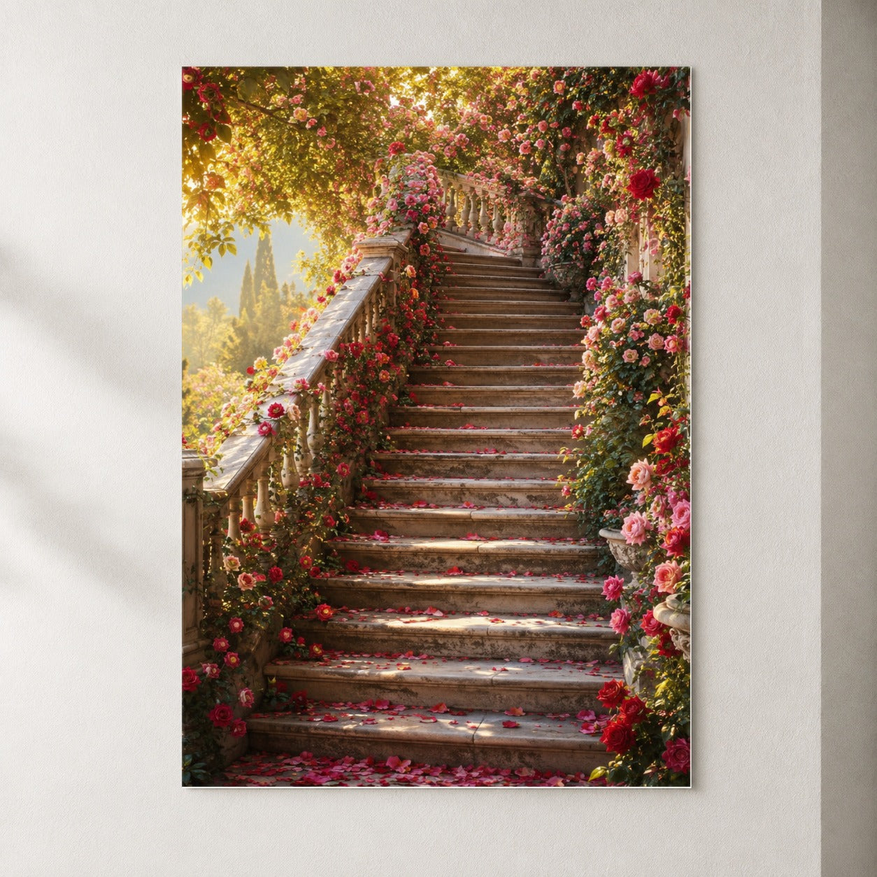 Rose Garden Staircase Poster, Romantic Garden Wall Art Print