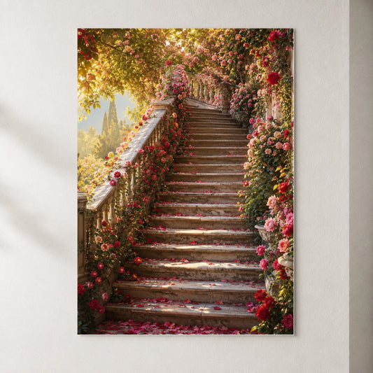 Rose Garden Staircase Poster, Romantic Garden Wall Art Print