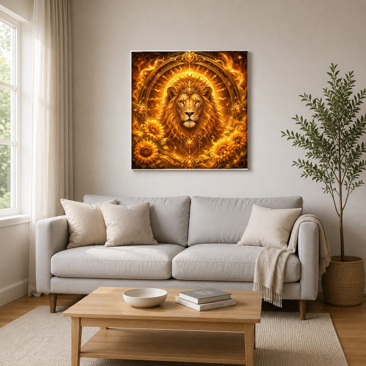 #pl[17x17 Inch|Multicolor] Leo Lion Square Canvas Wall Art, Solar Zodiac Celestial Decor