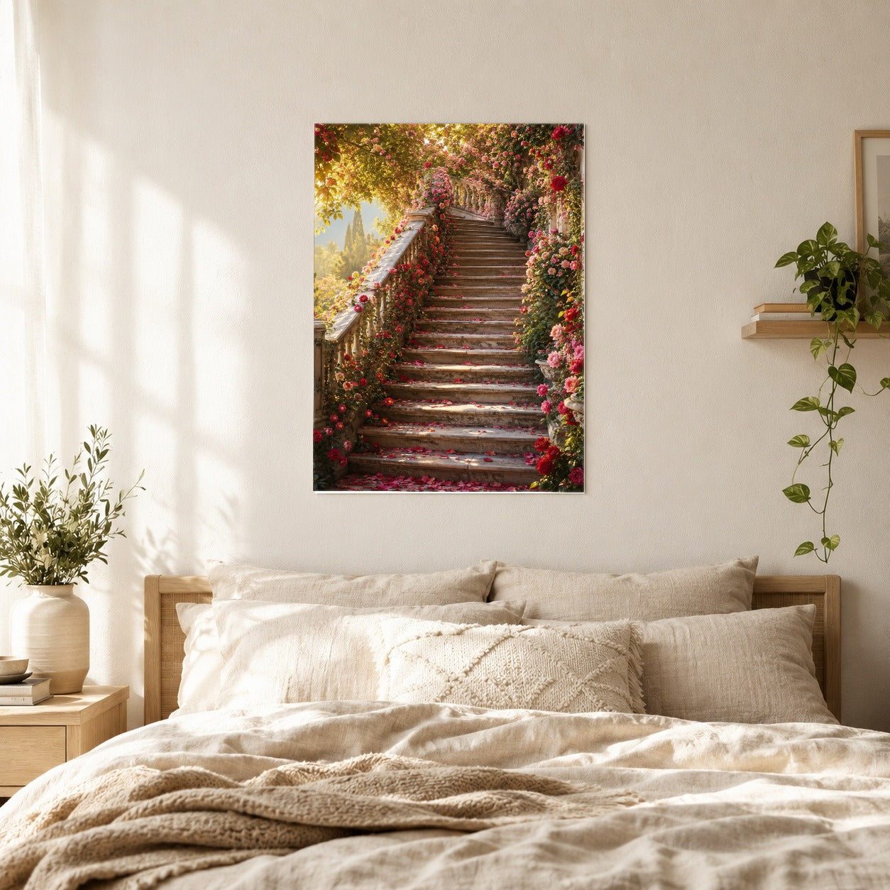 #pl[8x10 Inch|Multicolor] Rose Garden Staircase Poster, Romantic Garden Wall Art Print