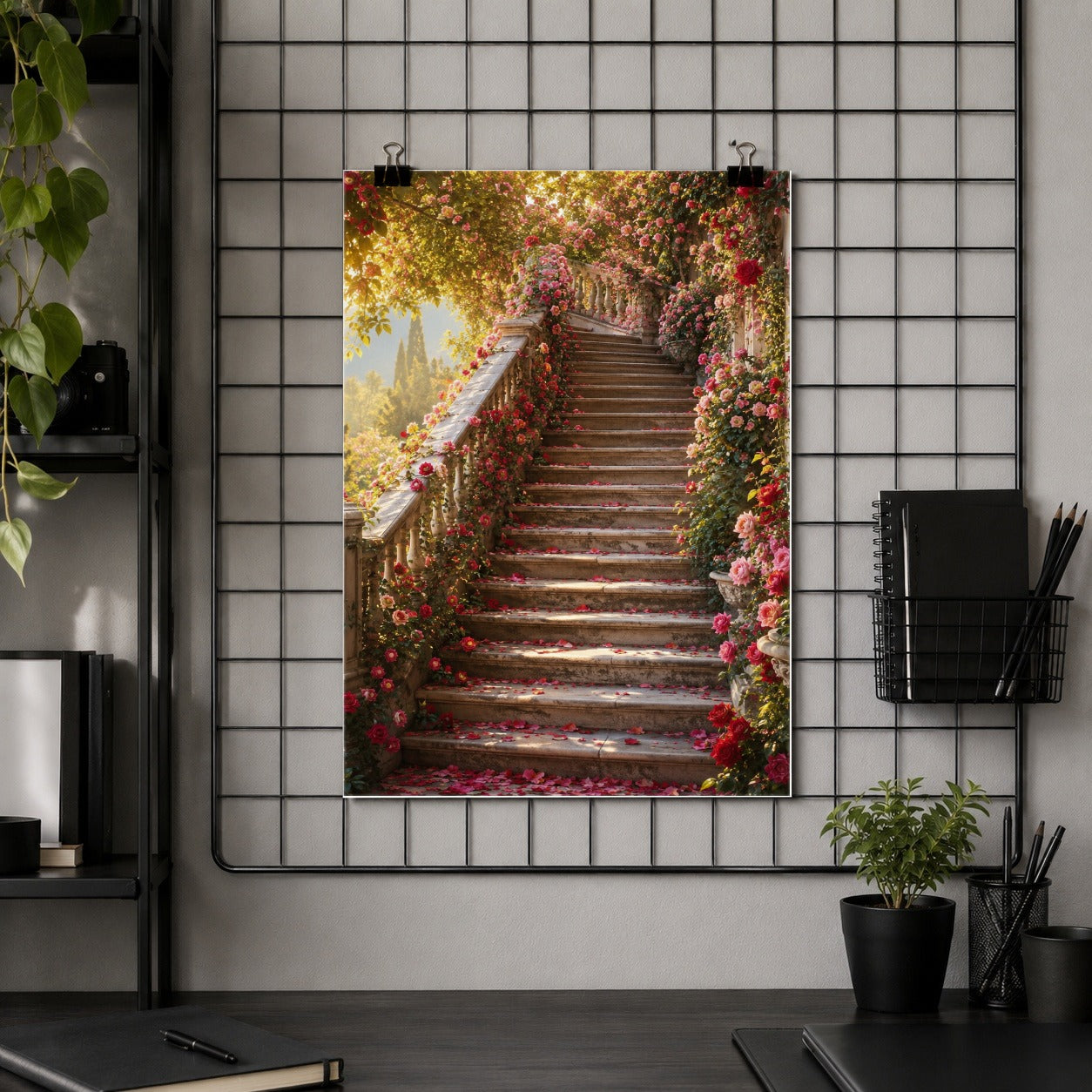 #pl[8x10 Inch|Multicolor] Rose Garden Staircase Poster, Romantic Garden Wall Art Print