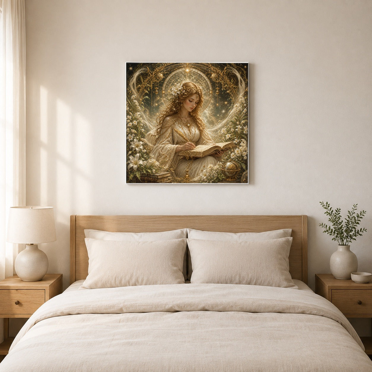 #pl[17x17 Inch|Multicolor] Virgo Maiden Square Canvas Wall Art, Celestial Zodiac Floral Decor