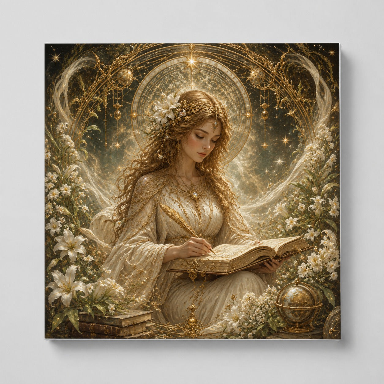Virgo Maiden Square Canvas Wall Art, Celestial Zodiac Floral Decor