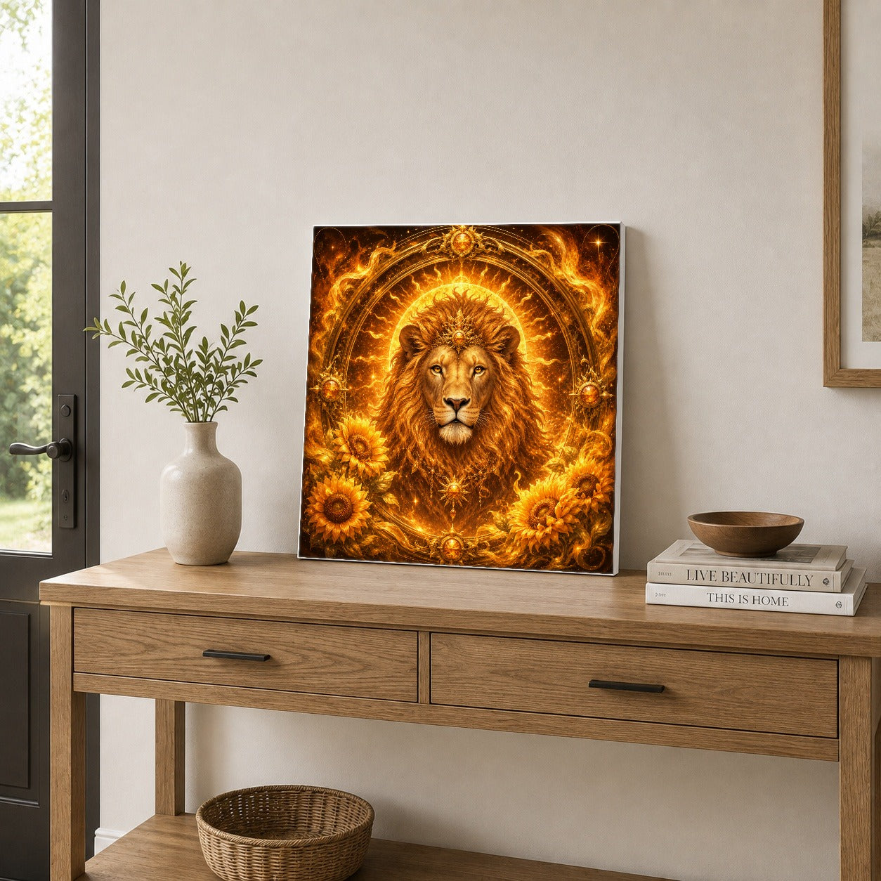 #pl[17x17 Inch|Multicolor] Leo Lion Square Canvas Wall Art, Solar Zodiac Celestial Decor