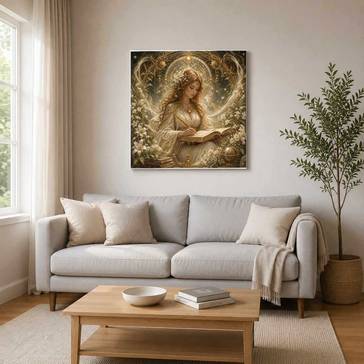 #pl[17x17 Inch|Multicolor] Virgo Maiden Square Canvas Wall Art, Celestial Zodiac Floral Decor
