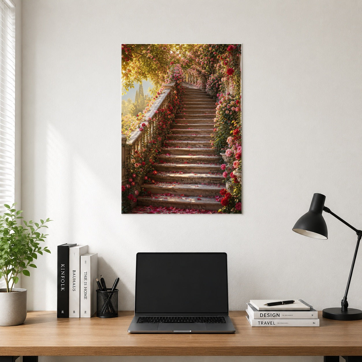 #pl[8x10 Inch|Multicolor] Rose Garden Staircase Poster, Romantic Garden Wall Art Print