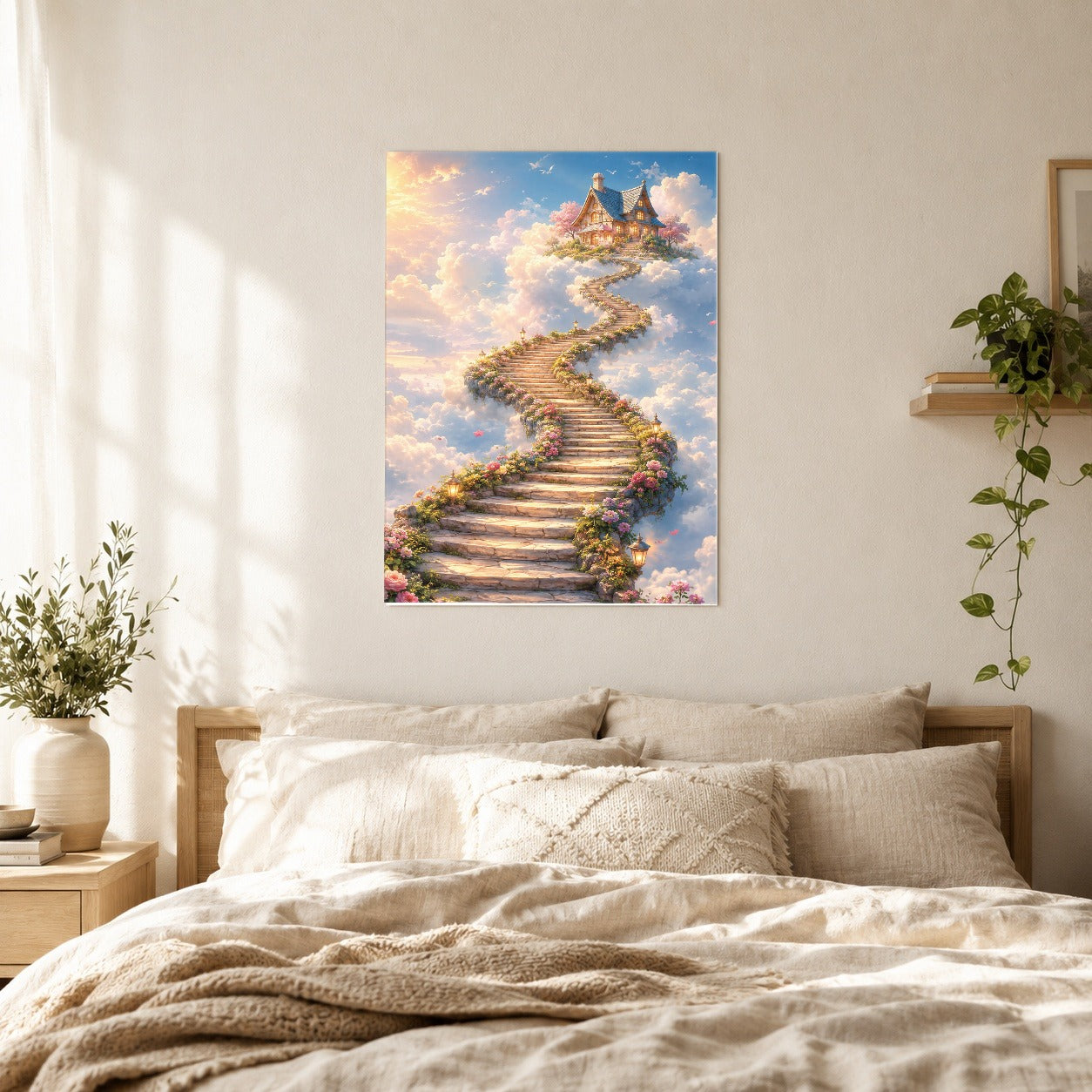#pl[8x10 Inch|Multicolor] Cloud Cottage Stairway Poster, Whimsical Sky Cottage Wall Art Print