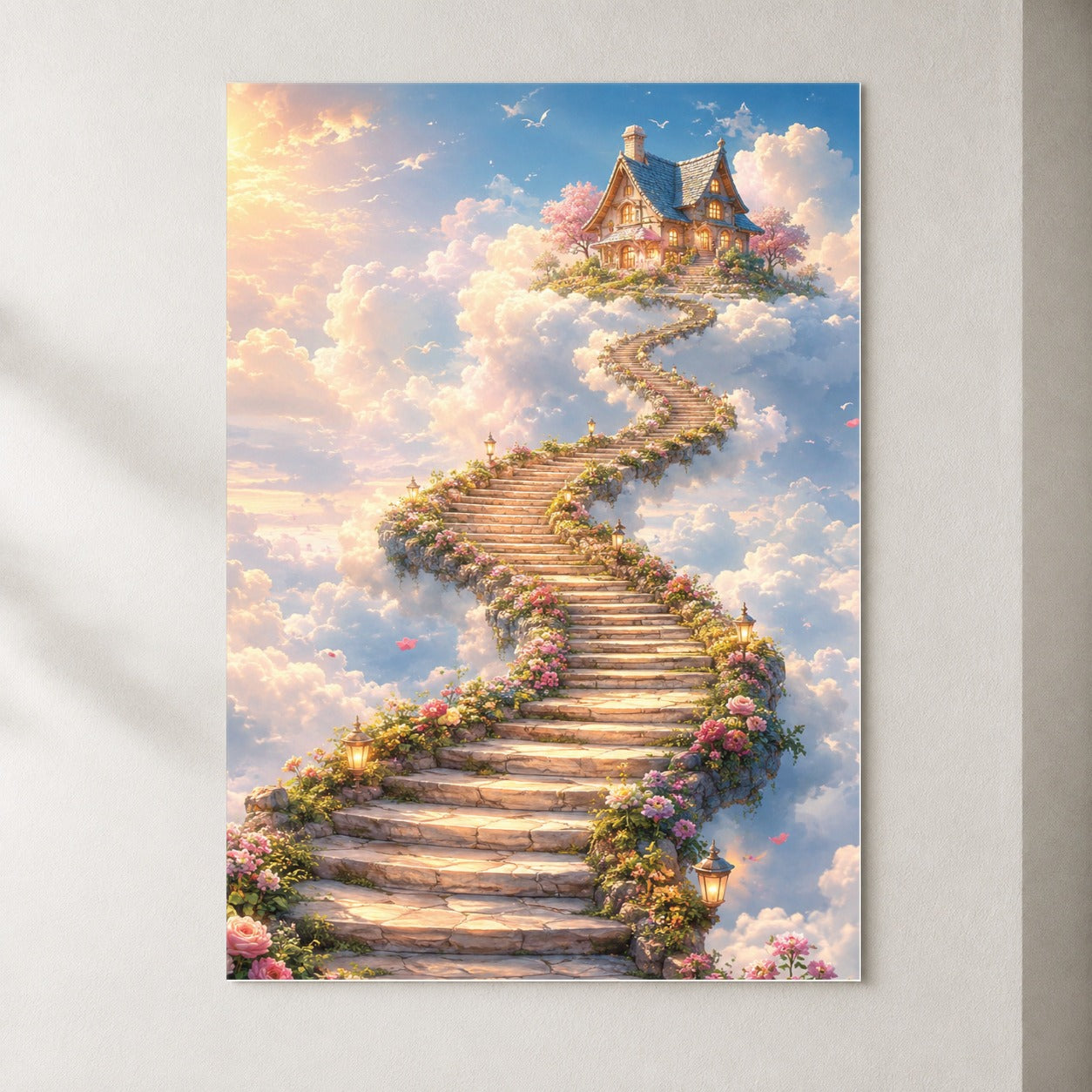Cloud Cottage Stairway Poster, Whimsical Sky Cottage Wall Art Print
