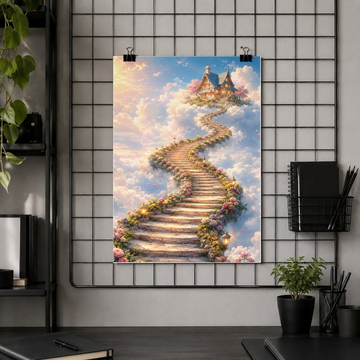 #pl[8x10 Inch|Multicolor] Cloud Cottage Stairway Poster, Whimsical Sky Cottage Wall Art Print