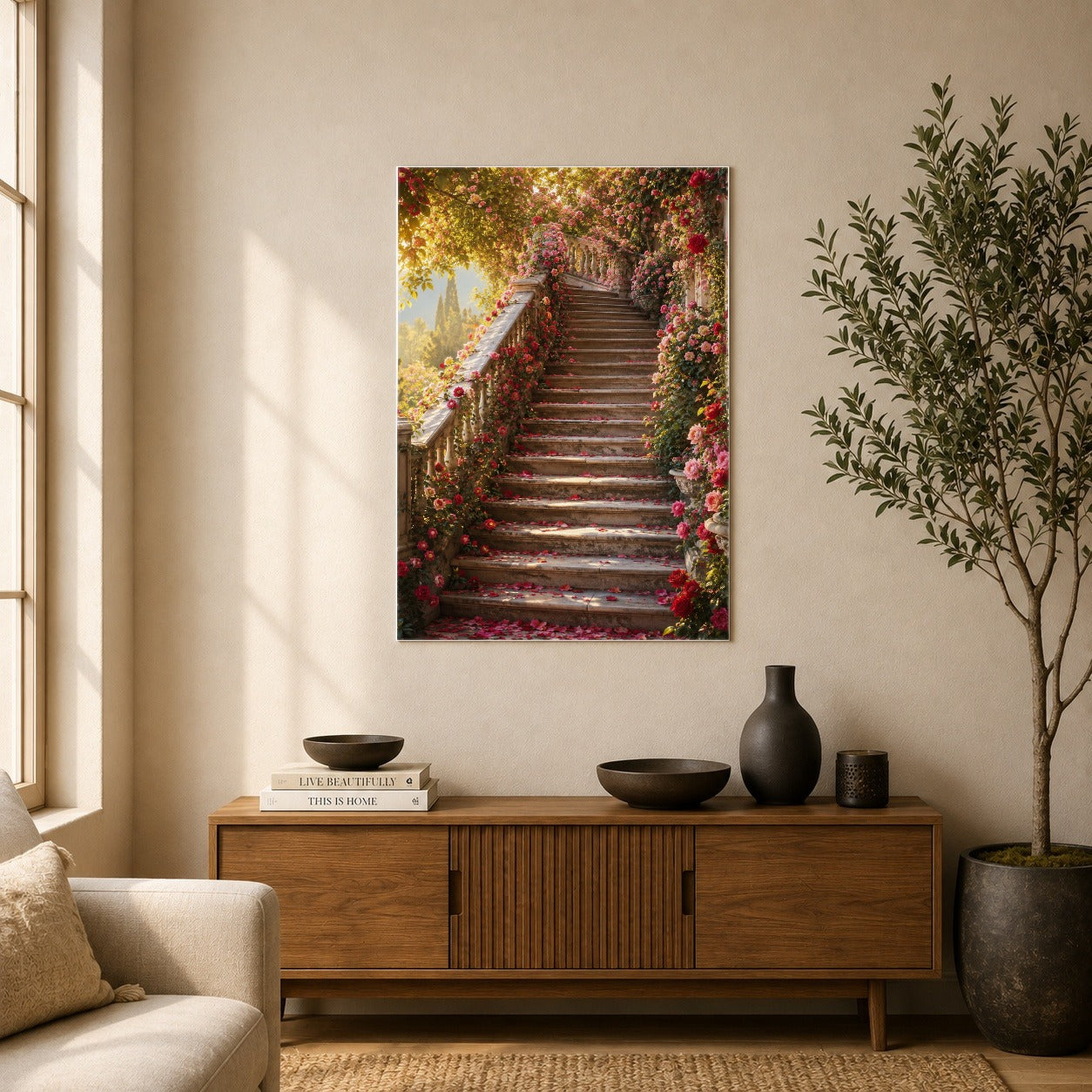#pl[8x10 Inch|Multicolor] Rose Garden Staircase Poster, Romantic Garden Wall Art Print