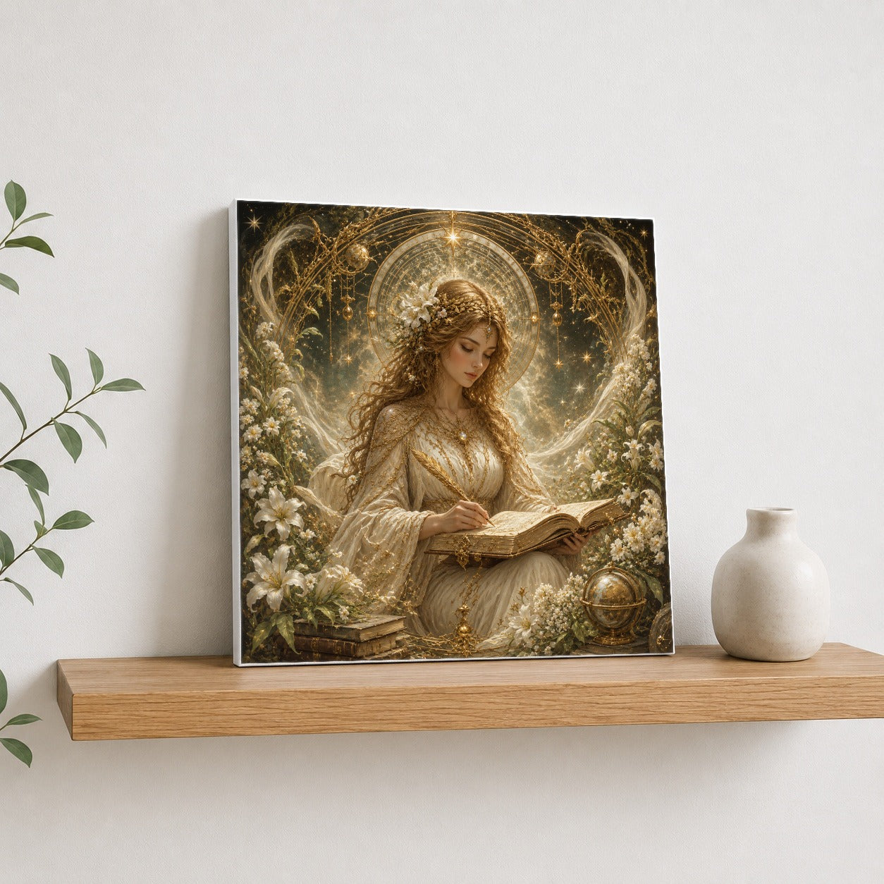 #pl[17x17 Inch|Multicolor] Virgo Maiden Square Canvas Wall Art, Celestial Zodiac Floral Decor
