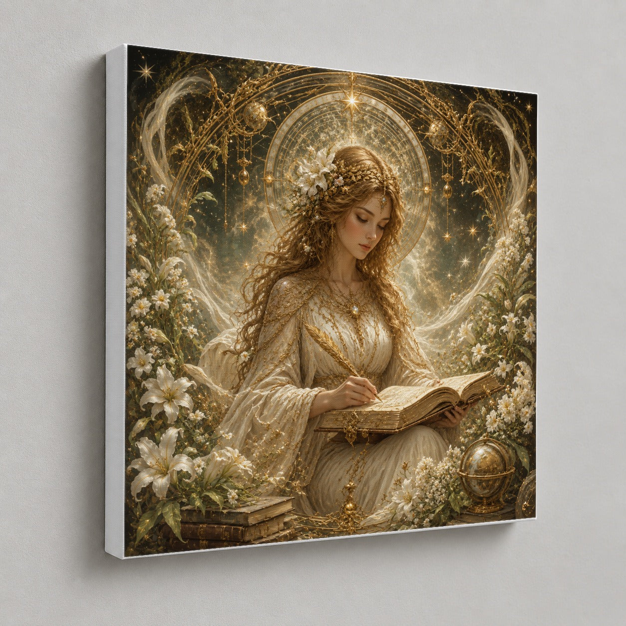 #pl[17x17 Inch|Multicolor] Virgo Maiden Square Canvas Wall Art, Celestial Zodiac Floral Decor