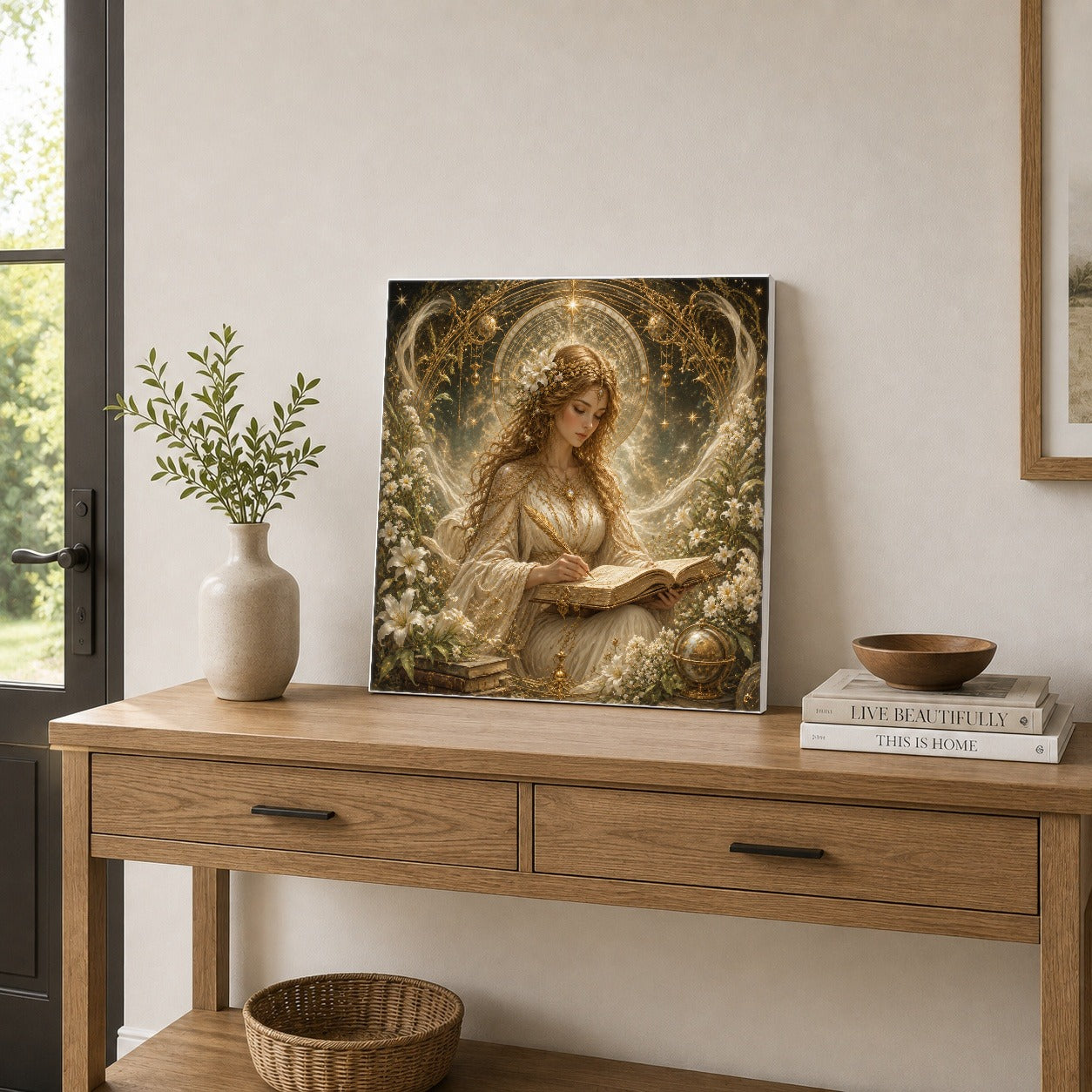 #pl[17x17 Inch|Multicolor] Virgo Maiden Square Canvas Wall Art, Celestial Zodiac Floral Decor