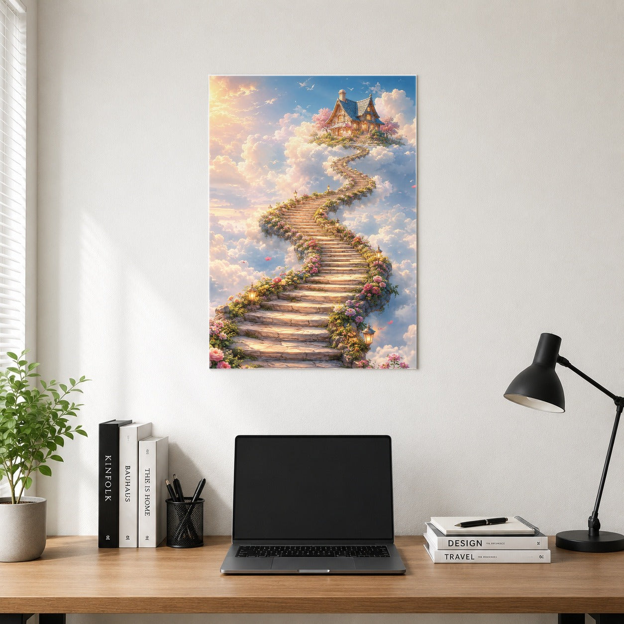 #pl[8x10 Inch|Multicolor] Cloud Cottage Stairway Poster, Whimsical Sky Cottage Wall Art Print