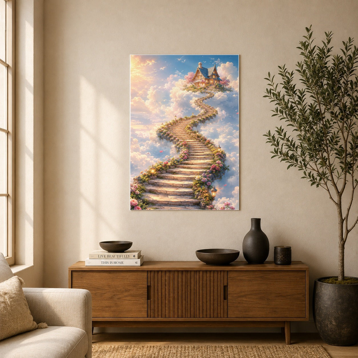 #pl[8x10 Inch|Multicolor] Cloud Cottage Stairway Poster, Whimsical Sky Cottage Wall Art Print