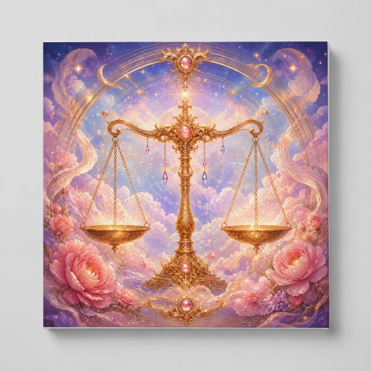 Libra Zodiac Square Canvas Wall Art, Celestial Floral Balance Scales