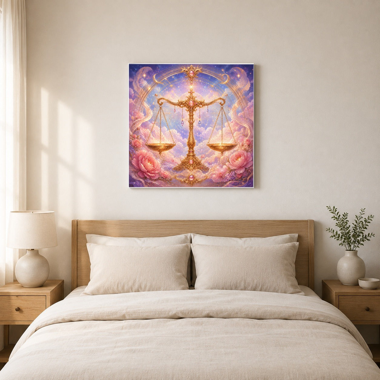 #pl[17x17 Inch|Multicolor] Libra Zodiac Square Canvas Wall Art, Celestial Floral Balance Scales