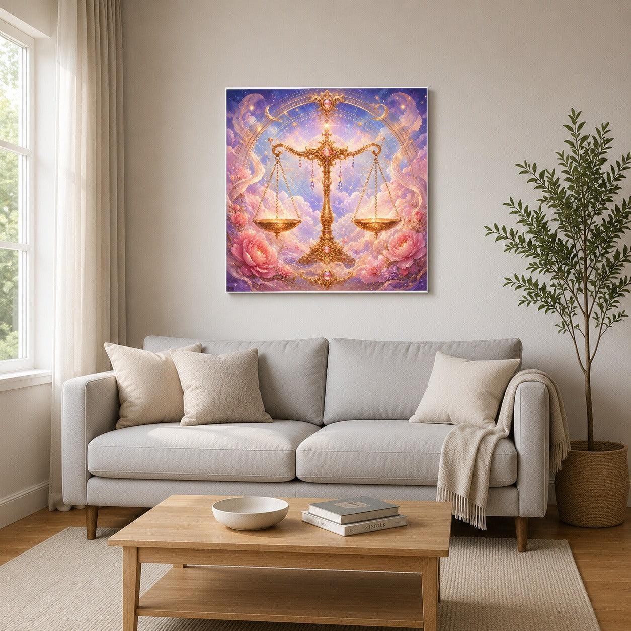 #pl[17x17 Inch|Multicolor] Libra Zodiac Square Canvas Wall Art, Celestial Floral Balance Scales