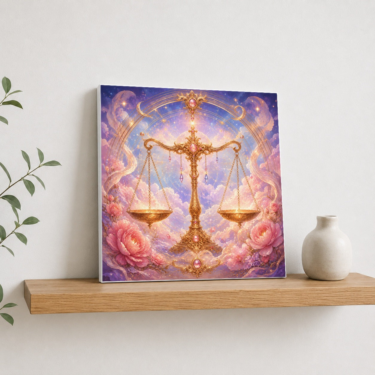 #pl[17x17 Inch|Multicolor] Libra Zodiac Square Canvas Wall Art, Celestial Floral Balance Scales