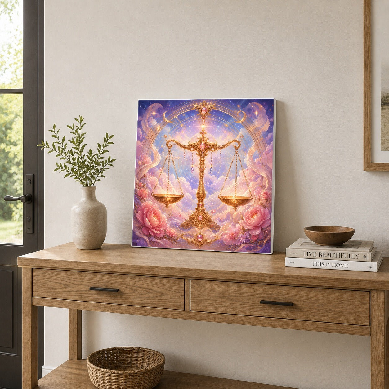 #pl[17x17 Inch|Multicolor] Libra Zodiac Square Canvas Wall Art, Celestial Floral Balance Scales