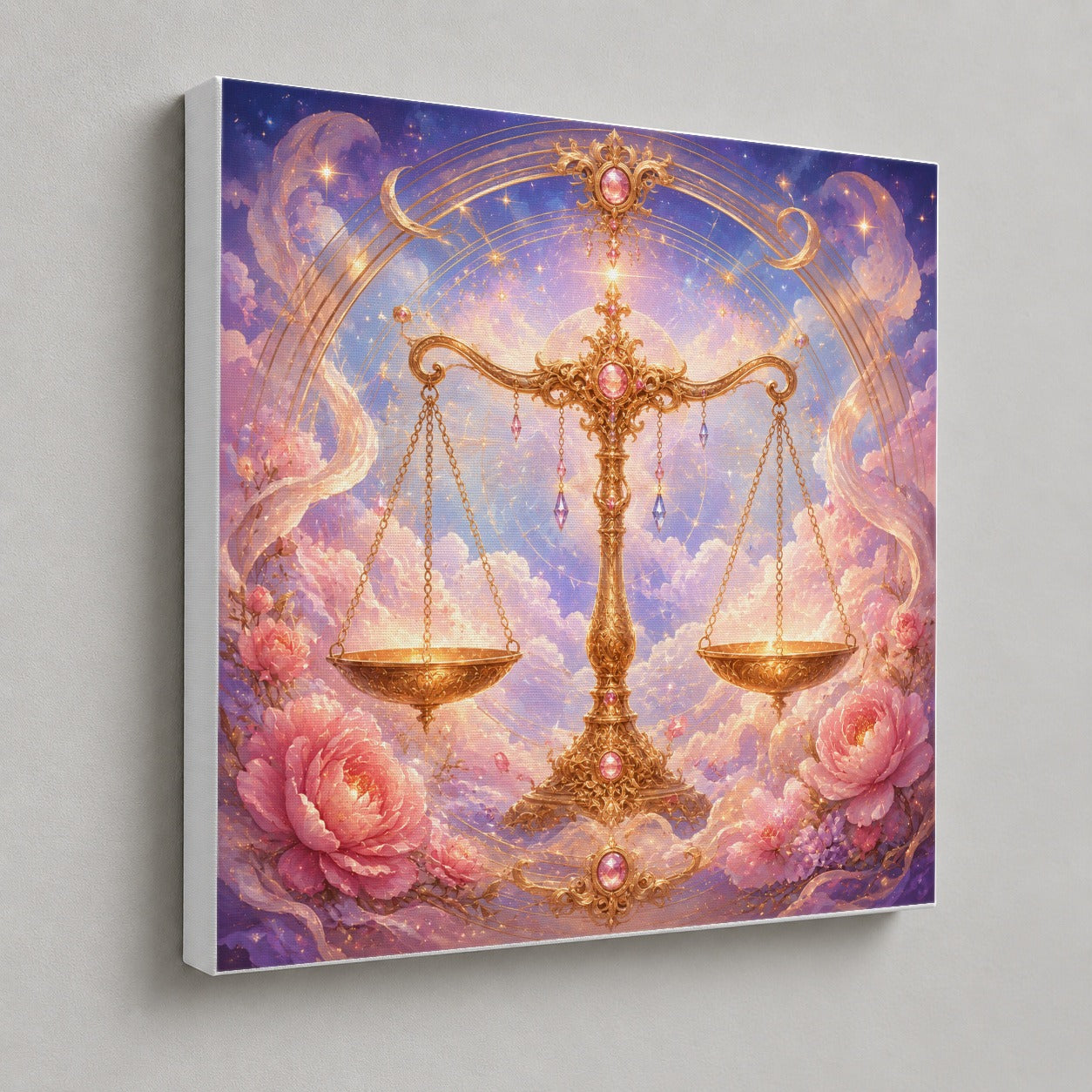 #pl[17x17 Inch|Multicolor] Libra Zodiac Square Canvas Wall Art, Celestial Floral Balance Scales