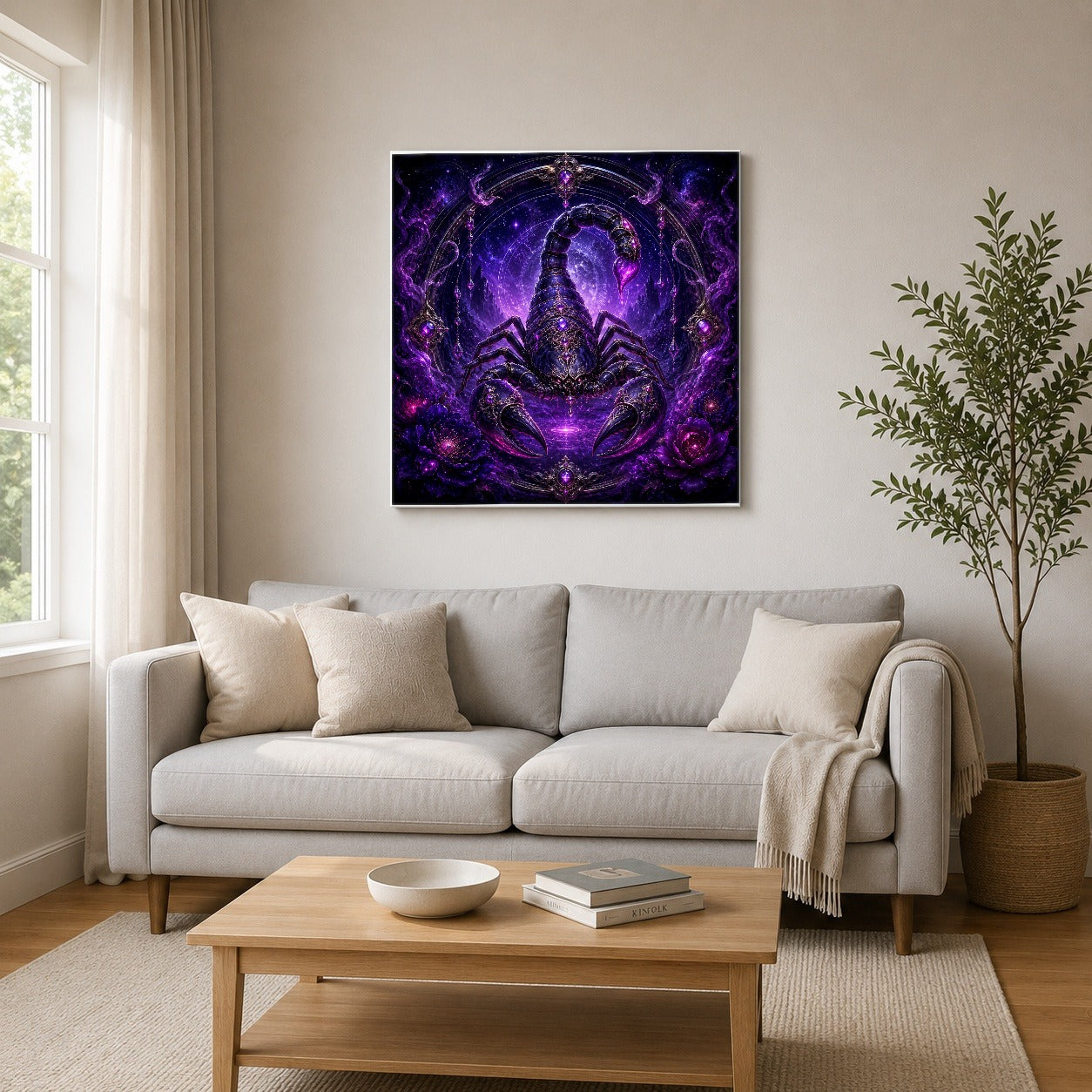 #pl[17x17 Inch|Multicolor] Scorpio Zodiac Square Canvas Wall Art, Purple Celestial Scorpion