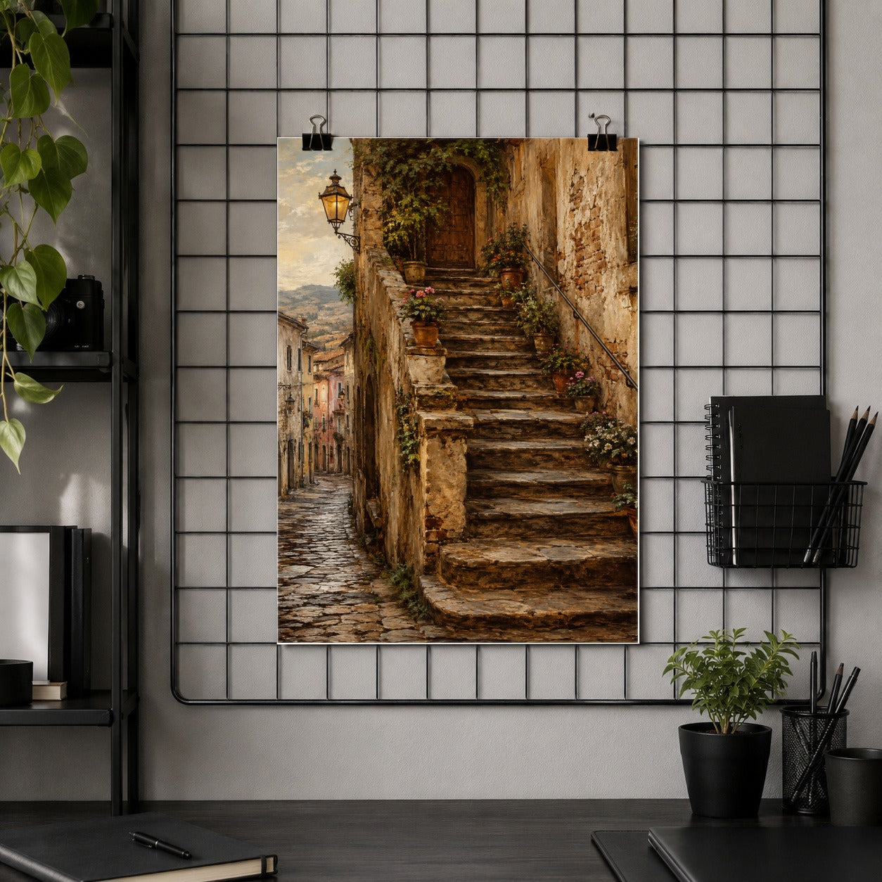 #pl[8x10 Inch|Multicolor] Old Village Staircase Poster, Rustic European Street Wall Art Print
