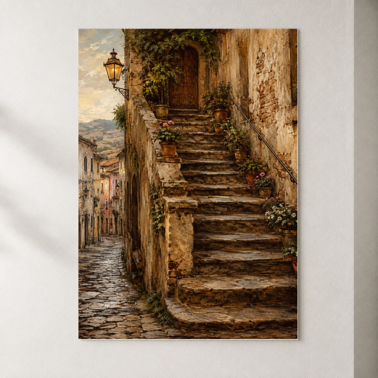 Old Village Staircase Poster, Rustic European Street Wall Art Print
