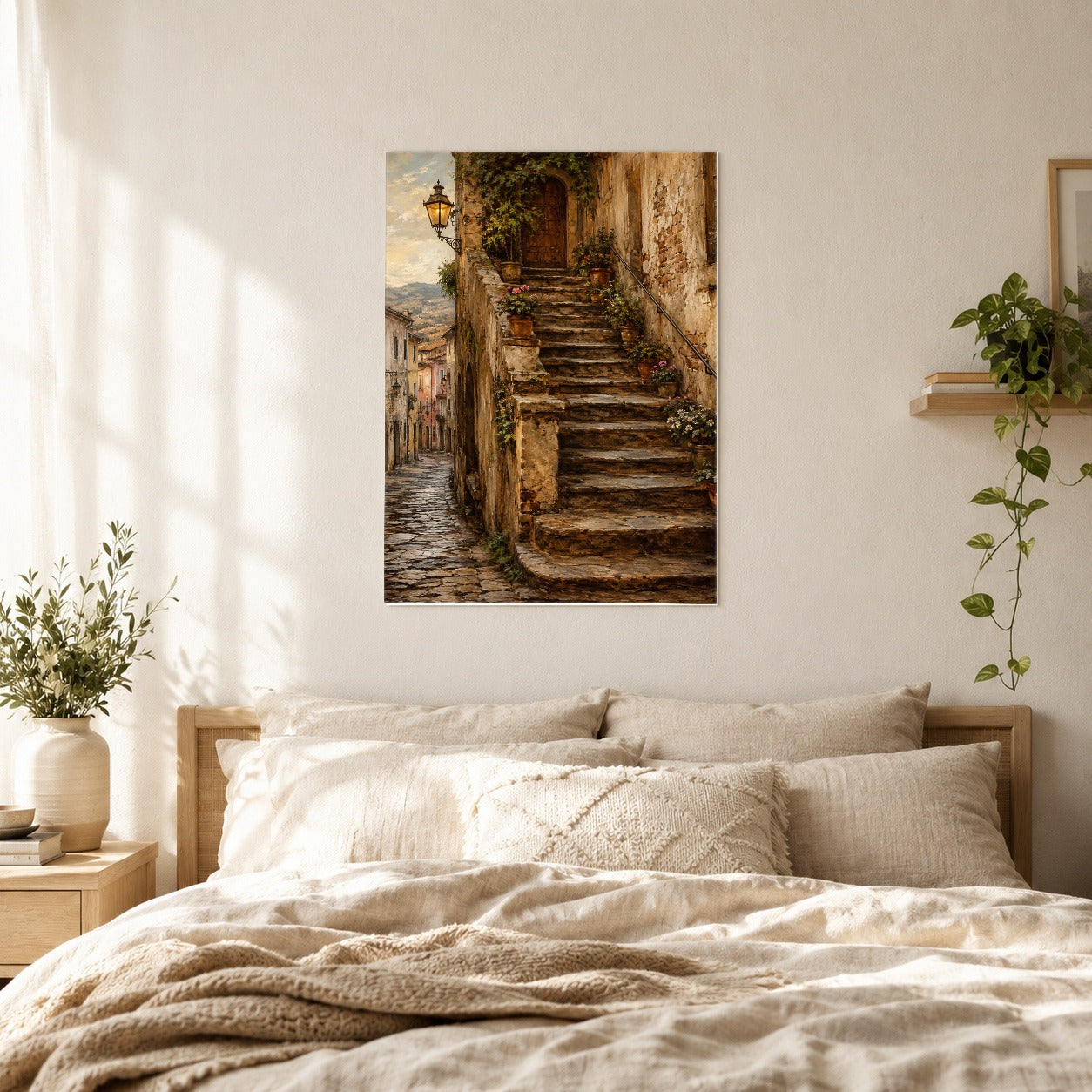 #pl[8x10 Inch|Multicolor] Old Village Staircase Poster, Rustic European Street Wall Art Print