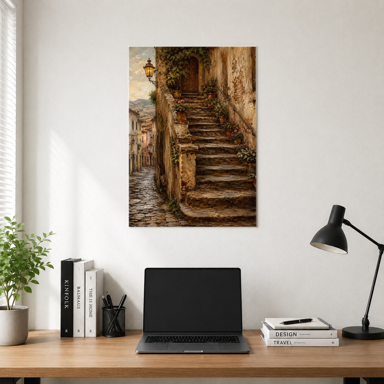 #pl[8x10 Inch|Multicolor] Old Village Staircase Poster, Rustic European Street Wall Art Print