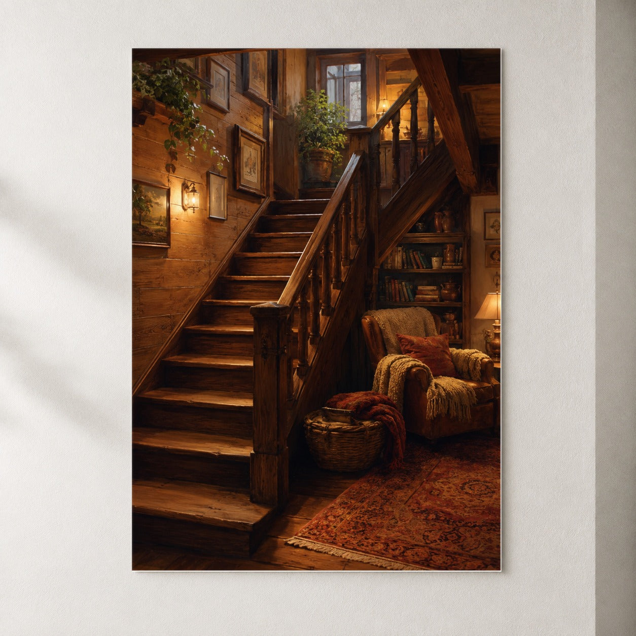 Cozy Wooden Staircase Poster, Warm Cottage Interior Wall Art Print
