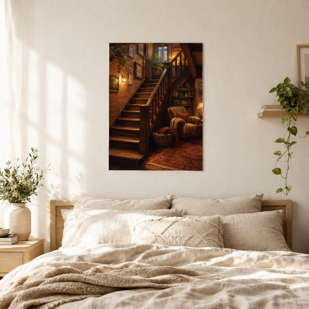 #pl[8x10 Inch|Multicolor] Cozy Wooden Staircase Poster, Warm Cottage Interior Wall Art Print