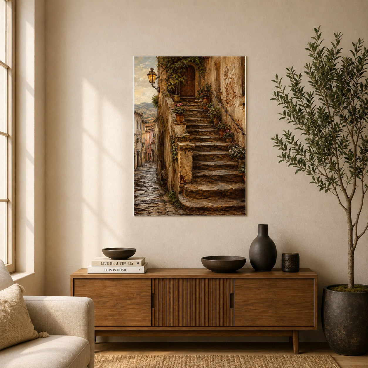 #pl[8x10 Inch|Multicolor] Old Village Staircase Poster, Rustic European Street Wall Art Print