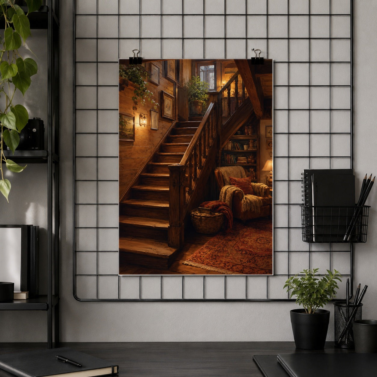 #pl[8x10 Inch|Multicolor] Cozy Wooden Staircase Poster, Warm Cottage Interior Wall Art Print