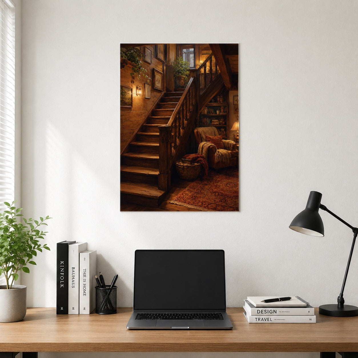 #pl[8x10 Inch|Multicolor] Cozy Wooden Staircase Poster, Warm Cottage Interior Wall Art Print