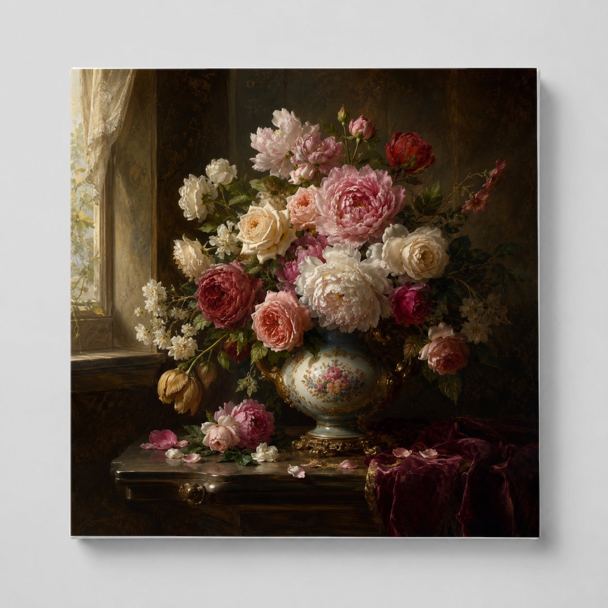 Vintage Floral Square Canvas Wall Art, Romantic Rose Peony Still Life