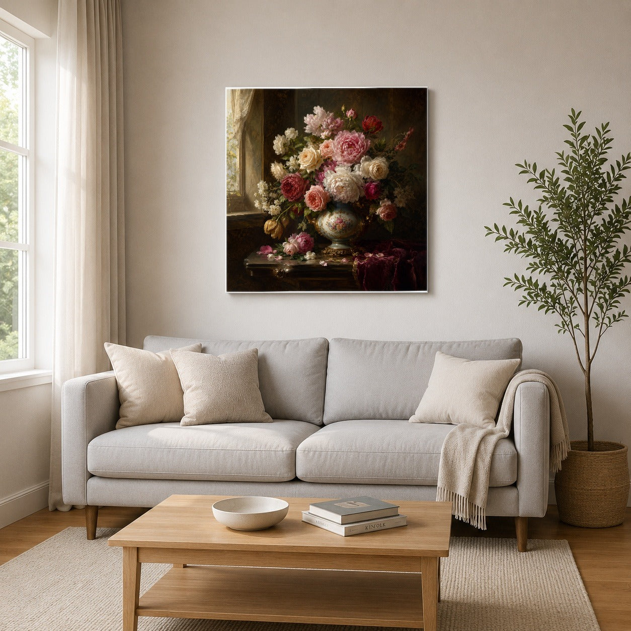 #pl[17x17 Inch|Multicolor] Vintage Floral Square Canvas Wall Art, Romantic Rose Peony Still Life